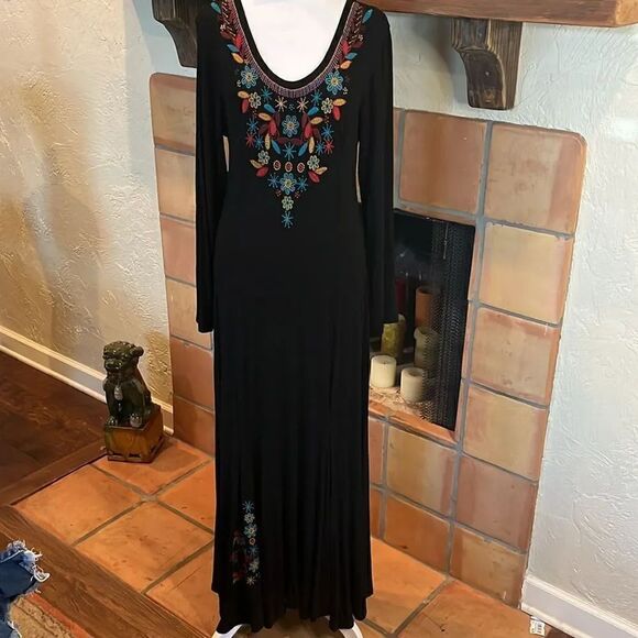 Soft Surroundings Black Long Sleeved Embroidered Maxi Dress, PS! - Picture 1 of 10